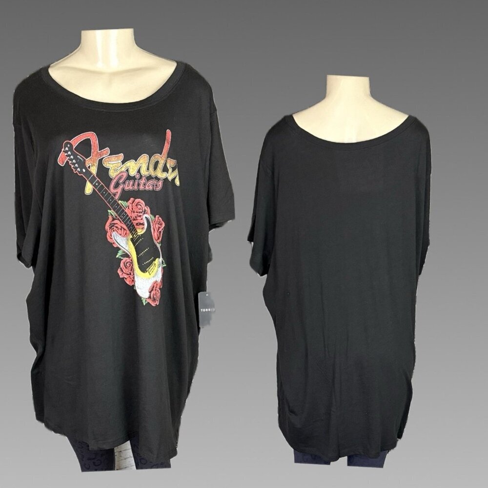 Fender +4 Black Logo Guitar & Roses Graphic Crew Neckline Short Sleeve Tee